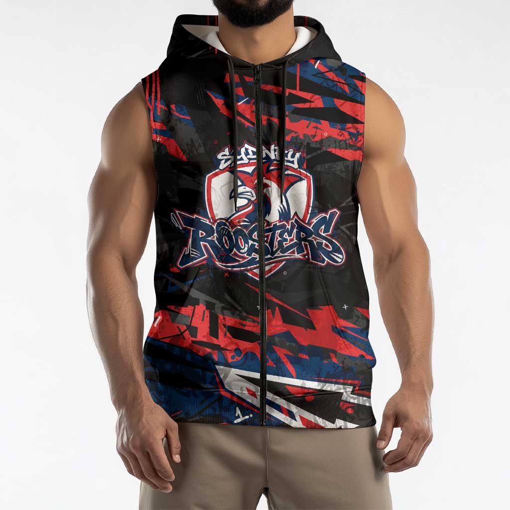 Personalized Sydney Roosters Sleeveless Zip Hoodie Graffiti Grunge Abstract Urban Street Style Design