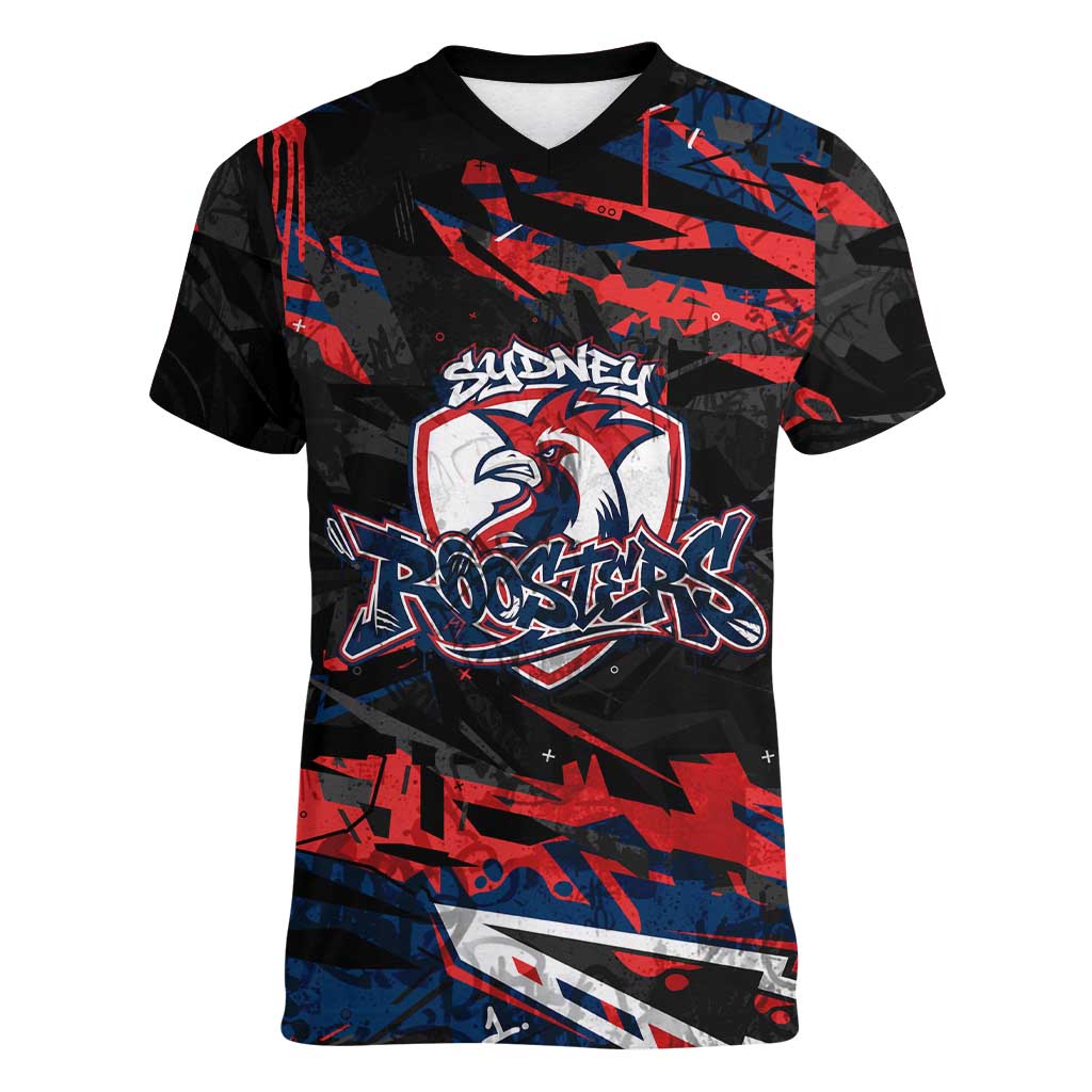 Personalized Sydney Roosters Women V-Neck T-Shirt Graffiti Grunge Abstract Urban Street Style Design