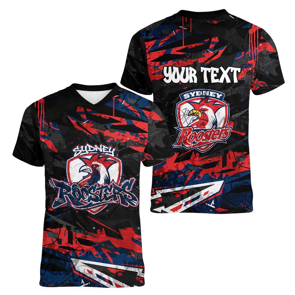 Personalized Sydney Roosters Women V-Neck T-Shirt Graffiti Grunge Abstract Urban Street Style Design