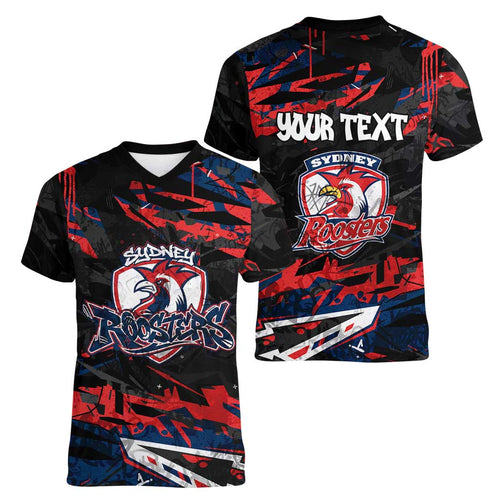 Personalized Sydney Roosters Women V-Neck T-Shirt Graffiti Grunge Abstract Urban Street Style Design