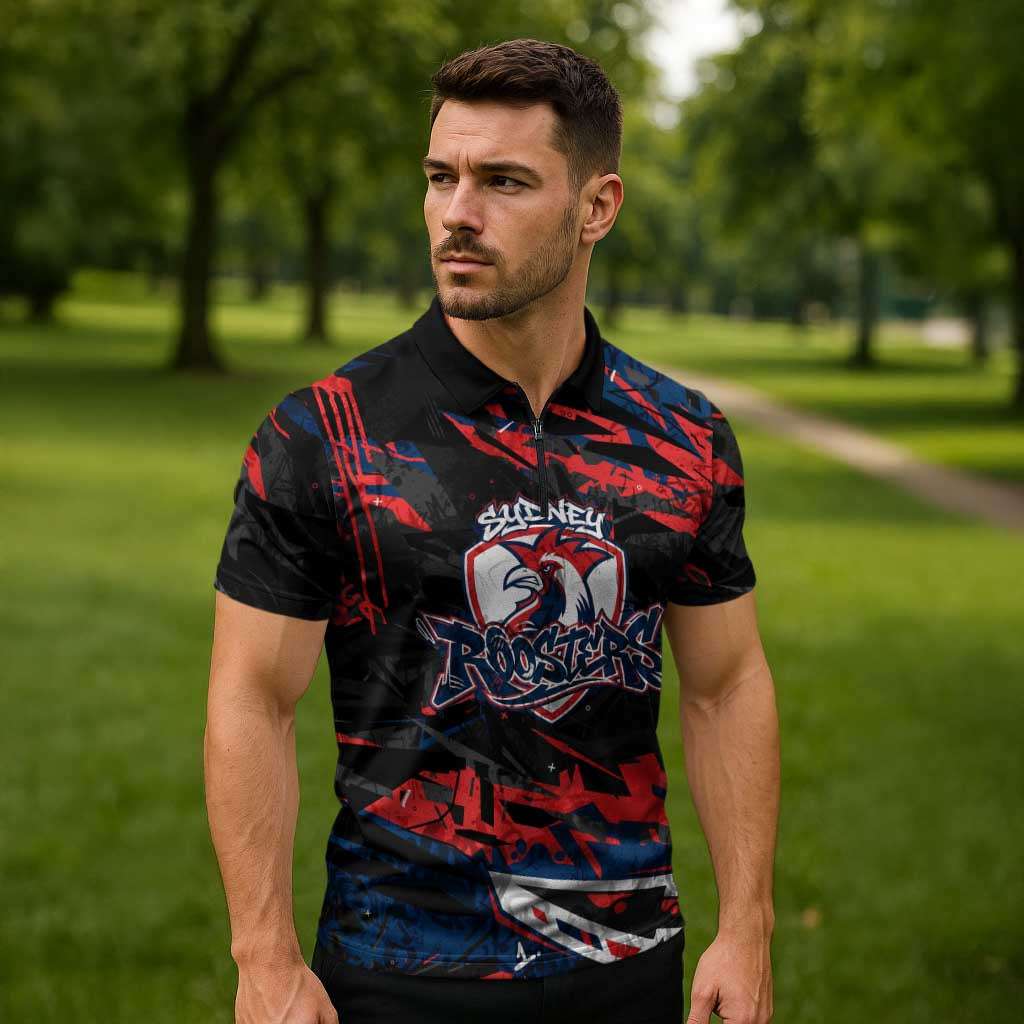 Personalized Sydney Roosters Zipper Polo Shirt Graffiti Grunge Abstract Urban Street Style Design