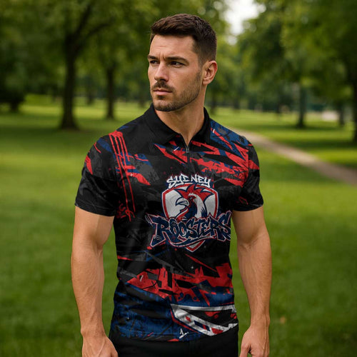 Personalized Sydney Roosters Zipper Polo Shirt Graffiti Grunge Abstract Urban Street Style Design