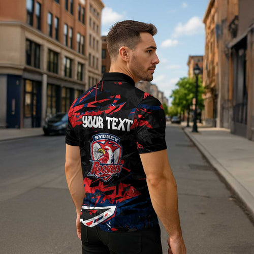 Personalized Sydney Roosters Zipper Polo Shirt Graffiti Grunge Abstract Urban Street Style Design