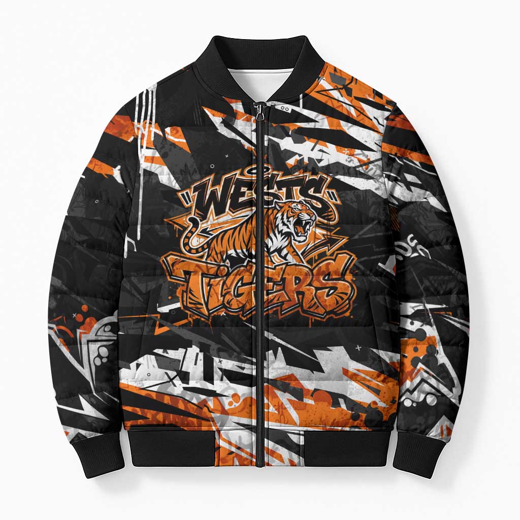 Personalized Wests Tigers Bomber Puffer Jacket Graffiti Grunge Abstract Urban Street Style Design