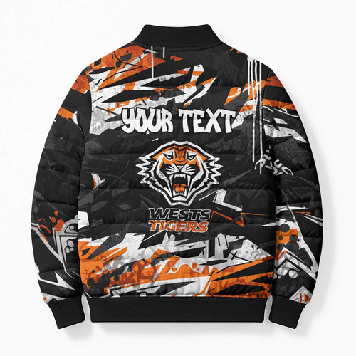 Personalized Wests Tigers Bomber Puffer Jacket Graffiti Grunge Abstract Urban Street Style Design