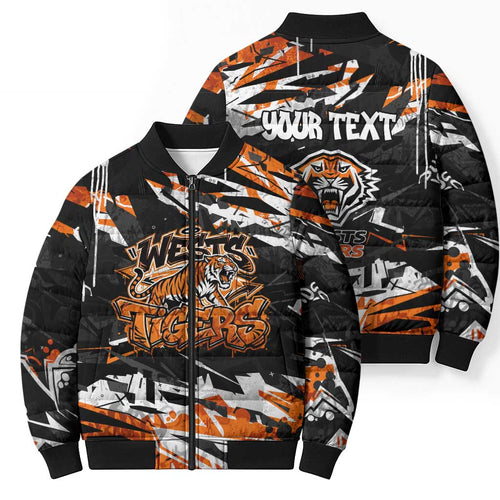 Personalized Wests Tigers Bomber Puffer Jacket Graffiti Grunge Abstract Urban Street Style Design