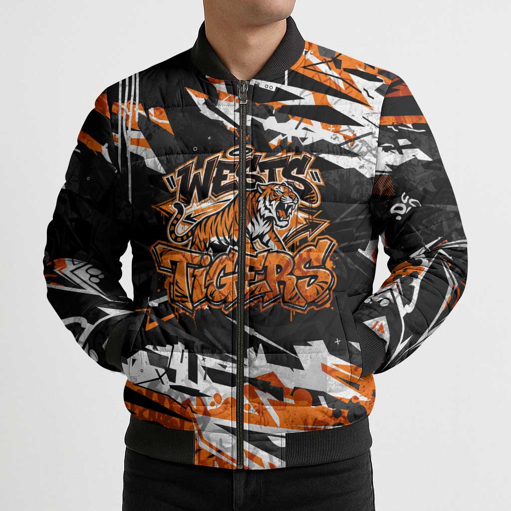 Personalized Wests Tigers Bomber Puffer Jacket Graffiti Grunge Abstract Urban Street Style Design
