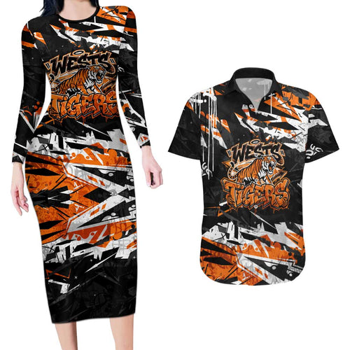 Personalized Wests Tigers Couples Matching Long Sleeve Bodycon Dress and Hawaiian Shirt Graffiti Grunge Abstract Urban Street Style Design