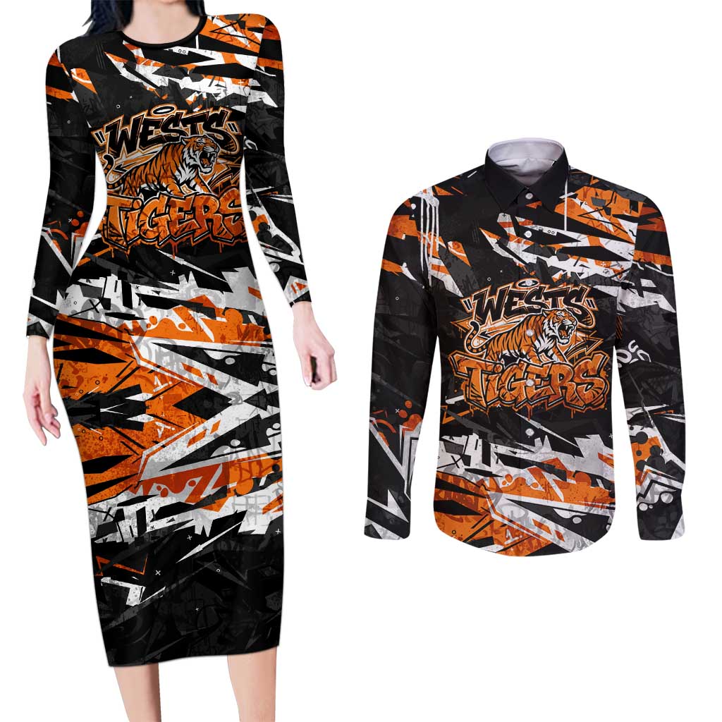 Personalized Wests Tigers Couples Matching Long Sleeve Bodycon Dress and Long Sleeve Button Shirt Graffiti Grunge Abstract Urban Street Style Design
