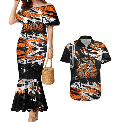 Personalized Wests Tigers Couples Matching Mermaid Dress and Hawaiian Shirt Graffiti Grunge Abstract Urban Street Style Design