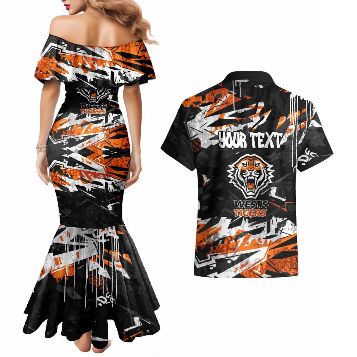 Personalized Wests Tigers Couples Matching Mermaid Dress and Hawaiian Shirt Graffiti Grunge Abstract Urban Street Style Design