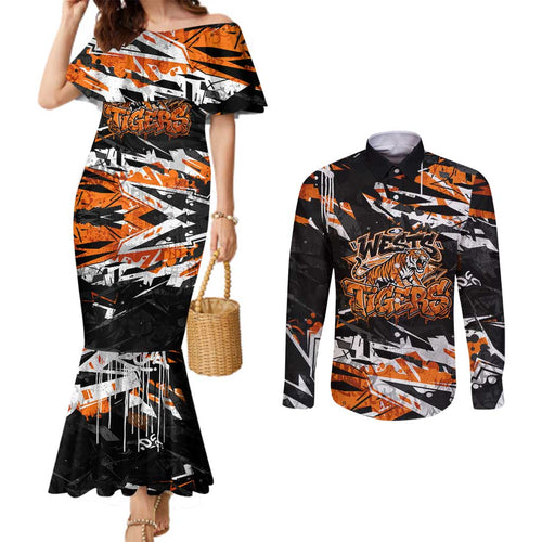 Personalized Wests Tigers Couples Matching Mermaid Dress and Long Sleeve Button Shirt Graffiti Grunge Abstract Urban Street Style Design