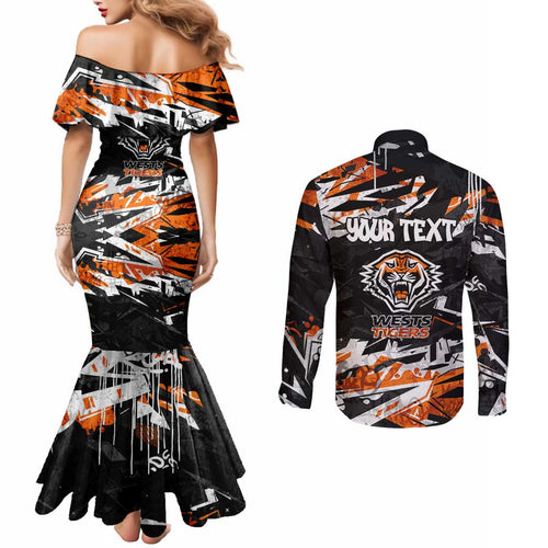 Personalized Wests Tigers Couples Matching Mermaid Dress and Long Sleeve Button Shirt Graffiti Grunge Abstract Urban Street Style Design