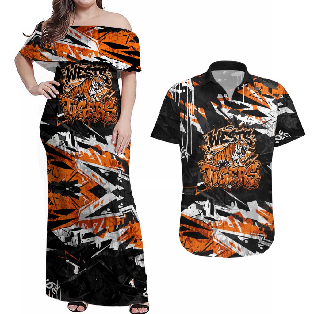 Personalized Wests Tigers Couples Matching Off Shoulder Maxi Dress and Hawaiian Shirt Graffiti Grunge Abstract Urban Street Style Design