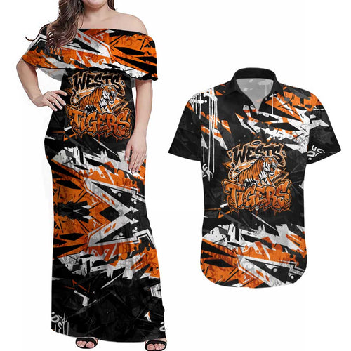 Personalized Wests Tigers Couples Matching Off Shoulder Maxi Dress and Hawaiian Shirt Graffiti Grunge Abstract Urban Street Style Design