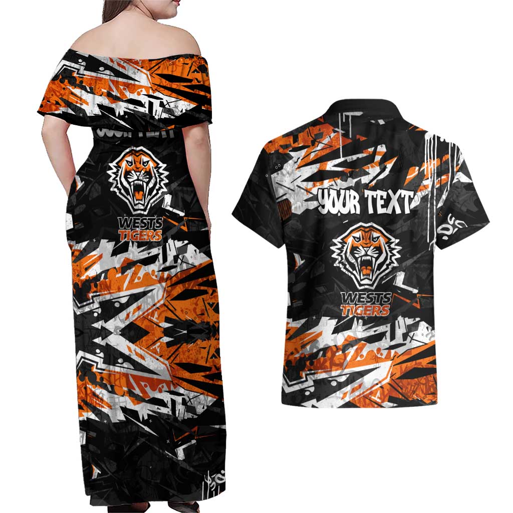 Personalized Wests Tigers Couples Matching Off Shoulder Maxi Dress and Hawaiian Shirt Graffiti Grunge Abstract Urban Street Style Design
