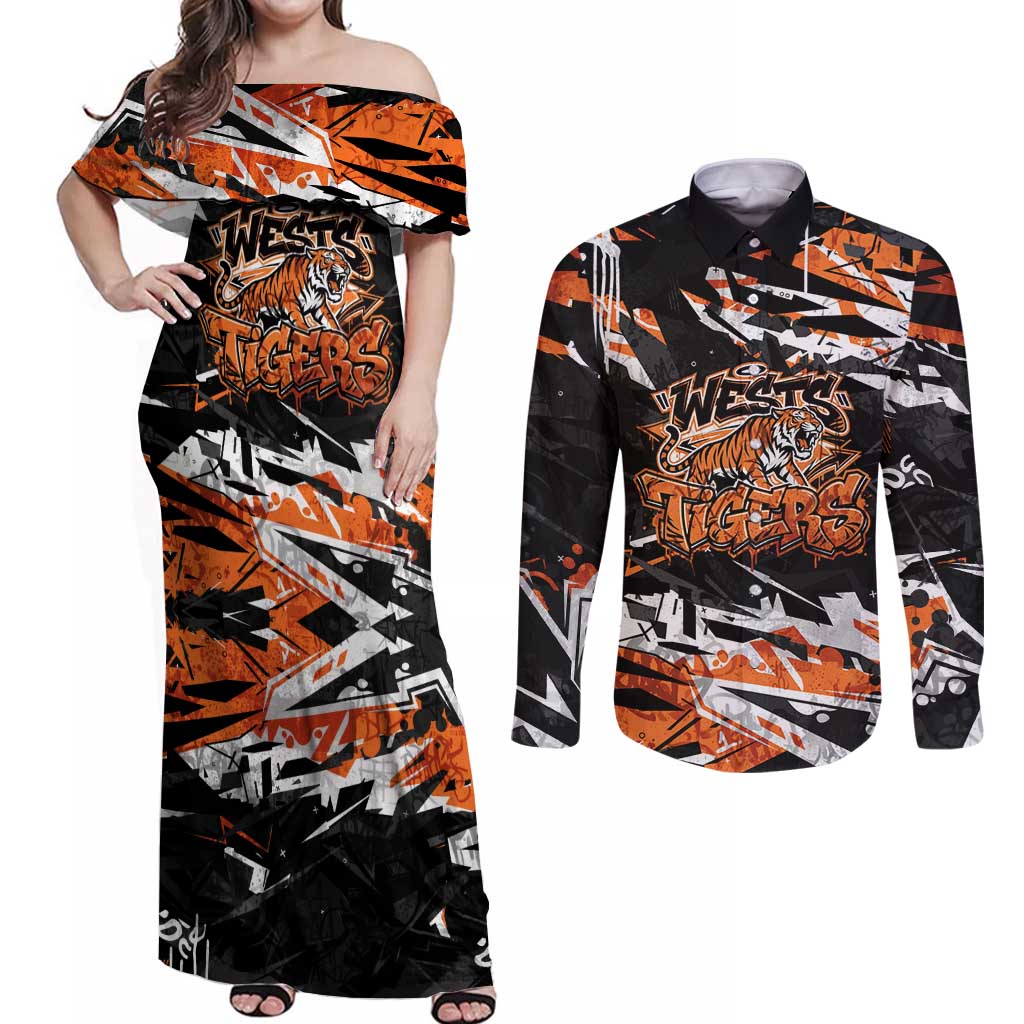 Personalized Wests Tigers Couples Matching Off Shoulder Maxi Dress and Long Sleeve Button Shirt Graffiti Grunge Abstract Urban Street Style Design