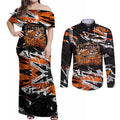 Personalized Wests Tigers Couples Matching Off Shoulder Maxi Dress and Long Sleeve Button Shirt Graffiti Grunge Abstract Urban Street Style Design