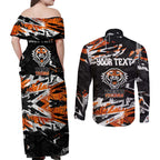 Personalized Wests Tigers Couples Matching Off Shoulder Maxi Dress and Long Sleeve Button Shirt Graffiti Grunge Abstract Urban Street Style Design