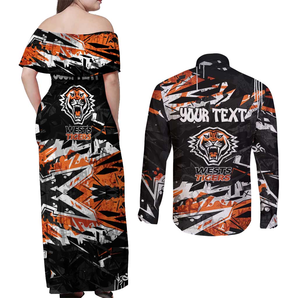 Personalized Wests Tigers Couples Matching Off Shoulder Maxi Dress and Long Sleeve Button Shirt Graffiti Grunge Abstract Urban Street Style Design
