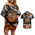 Personalized Wests Tigers Couples Matching Off Shoulder Short Dress and Hawaiian Shirt Graffiti Grunge Abstract Urban Street Style Design
