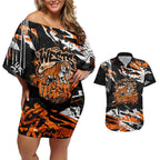 Personalized Wests Tigers Couples Matching Off Shoulder Short Dress and Hawaiian Shirt Graffiti Grunge Abstract Urban Street Style Design