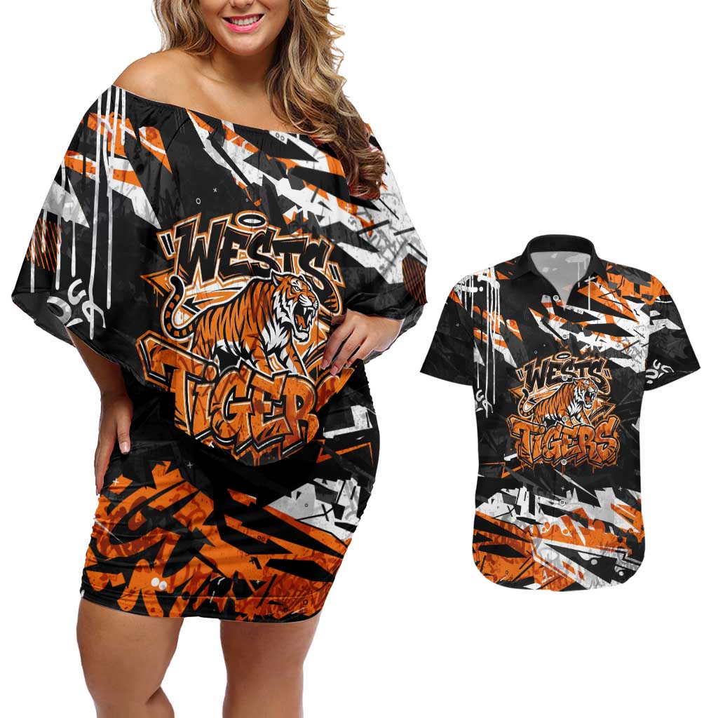 Personalized Wests Tigers Couples Matching Off Shoulder Short Dress and Hawaiian Shirt Graffiti Grunge Abstract Urban Street Style Design