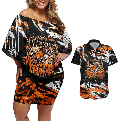 Personalized Wests Tigers Couples Matching Off Shoulder Short Dress and Hawaiian Shirt Graffiti Grunge Abstract Urban Street Style Design