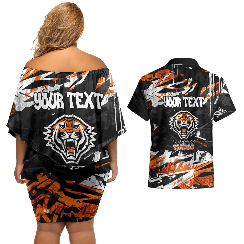 Personalized Wests Tigers Couples Matching Off Shoulder Short Dress and Hawaiian Shirt Graffiti Grunge Abstract Urban Street Style Design
