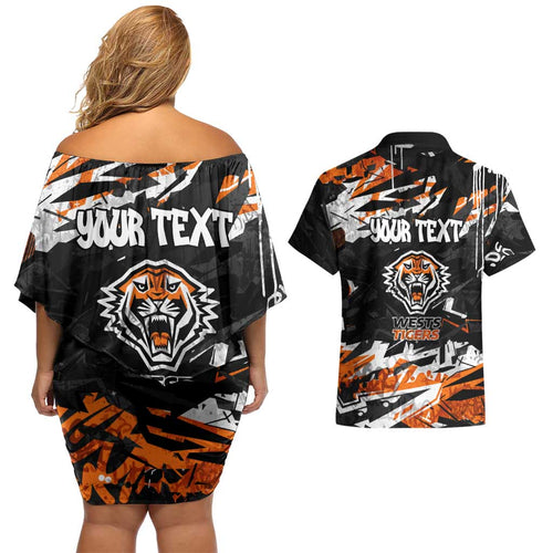 Personalized Wests Tigers Couples Matching Off Shoulder Short Dress and Hawaiian Shirt Graffiti Grunge Abstract Urban Street Style Design