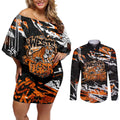 Personalized Wests Tigers Couples Matching Off Shoulder Short Dress and Long Sleeve Button Shirt Graffiti Grunge Abstract Urban Street Style Design