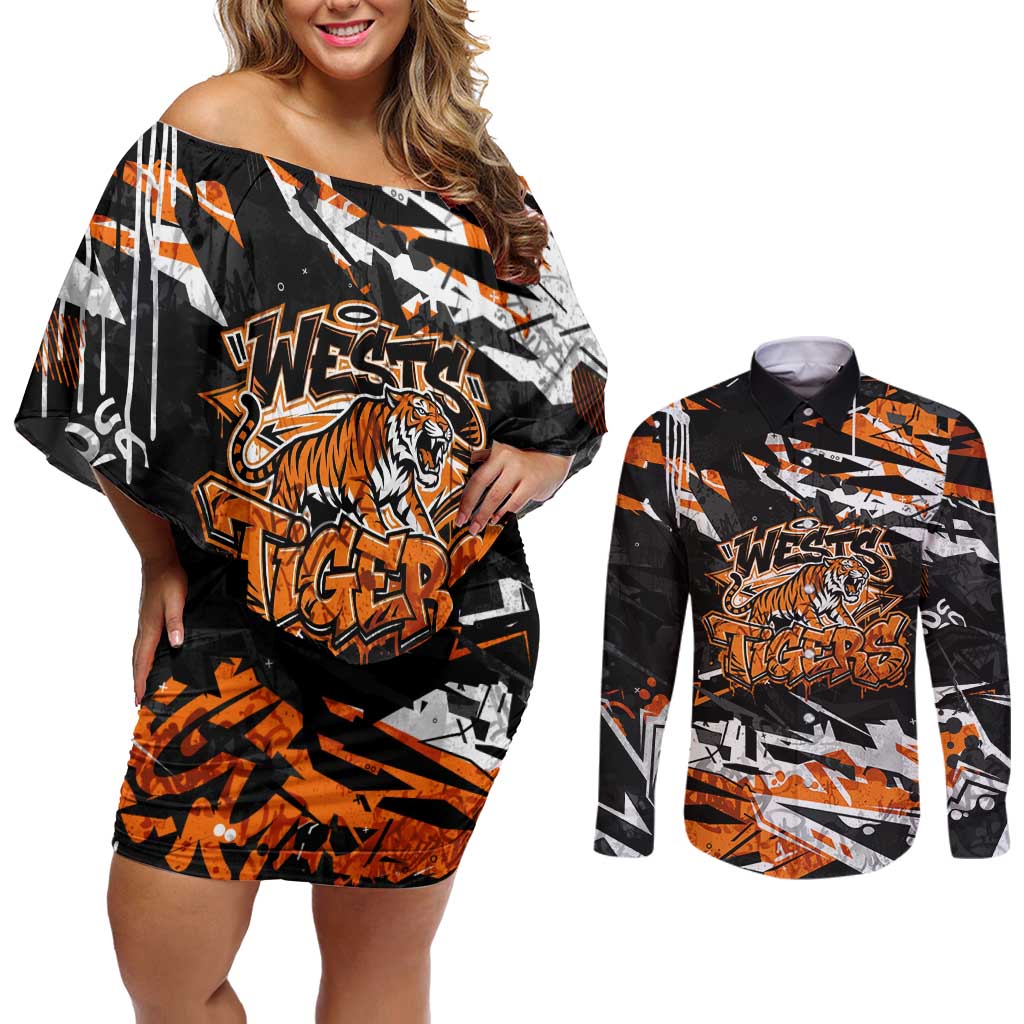 Personalized Wests Tigers Couples Matching Off Shoulder Short Dress and Long Sleeve Button Shirt Graffiti Grunge Abstract Urban Street Style Design