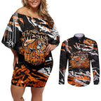 Personalized Wests Tigers Couples Matching Off Shoulder Short Dress and Long Sleeve Button Shirt Graffiti Grunge Abstract Urban Street Style Design