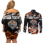 Personalized Wests Tigers Couples Matching Off Shoulder Short Dress and Long Sleeve Button Shirt Graffiti Grunge Abstract Urban Street Style Design