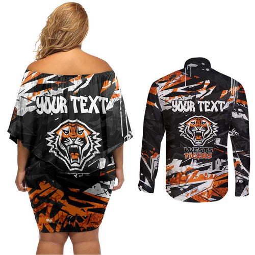 Personalized Wests Tigers Couples Matching Off Shoulder Short Dress and Long Sleeve Button Shirt Graffiti Grunge Abstract Urban Street Style Design