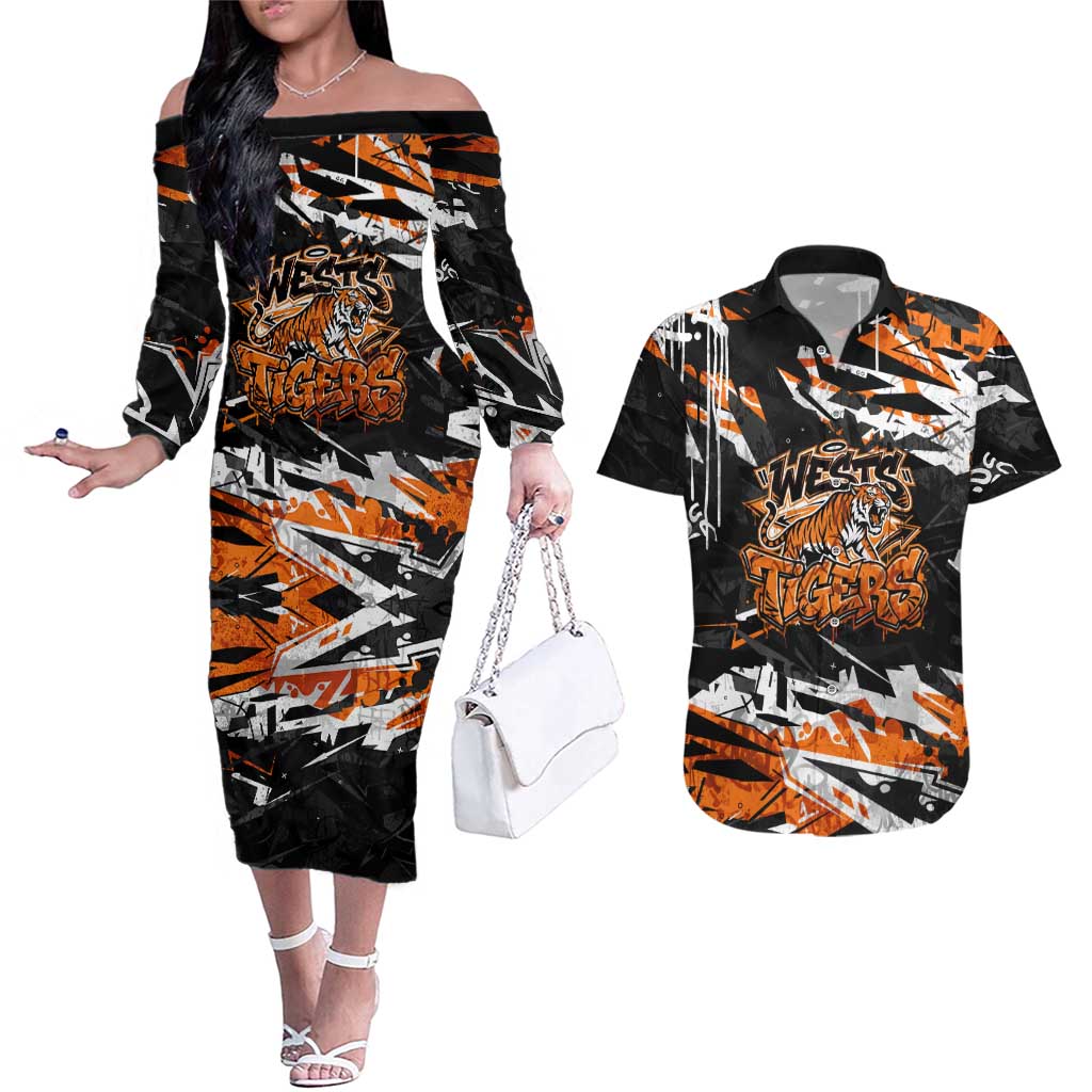Personalized Wests Tigers Couples Matching Off The Shoulder Long Sleeve Dress and Hawaiian Shirt Graffiti Grunge Abstract Urban Street Style Design