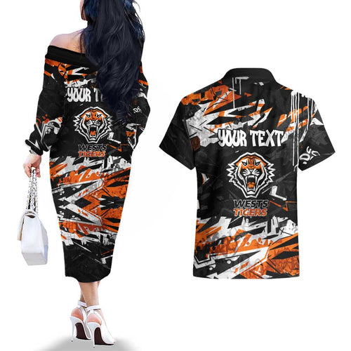 Personalized Wests Tigers Couples Matching Off The Shoulder Long Sleeve Dress and Hawaiian Shirt Graffiti Grunge Abstract Urban Street Style Design
