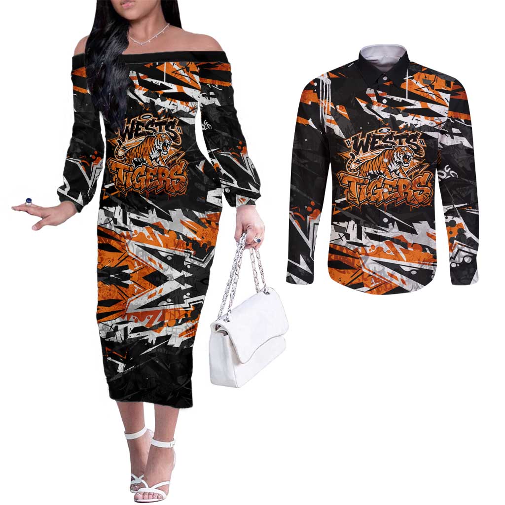 Personalized Wests Tigers Couples Matching Off The Shoulder Long Sleeve Dress and Long Sleeve Button Shirt Graffiti Grunge Abstract Urban Street Style Design