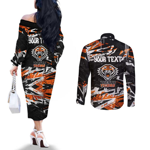 Personalized Wests Tigers Couples Matching Off The Shoulder Long Sleeve Dress and Long Sleeve Button Shirt Graffiti Grunge Abstract Urban Street Style Design