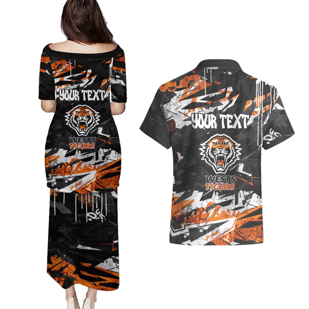 Personalized Wests Tigers Couples Matching Puletasi and Hawaiian Shirt Graffiti Grunge Abstract Urban Street Style Design