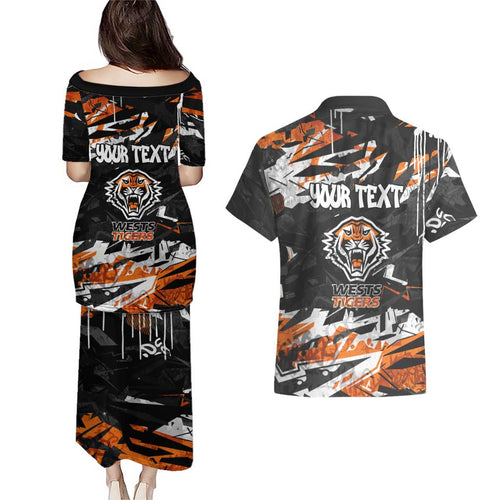 Personalized Wests Tigers Couples Matching Puletasi and Hawaiian Shirt Graffiti Grunge Abstract Urban Street Style Design