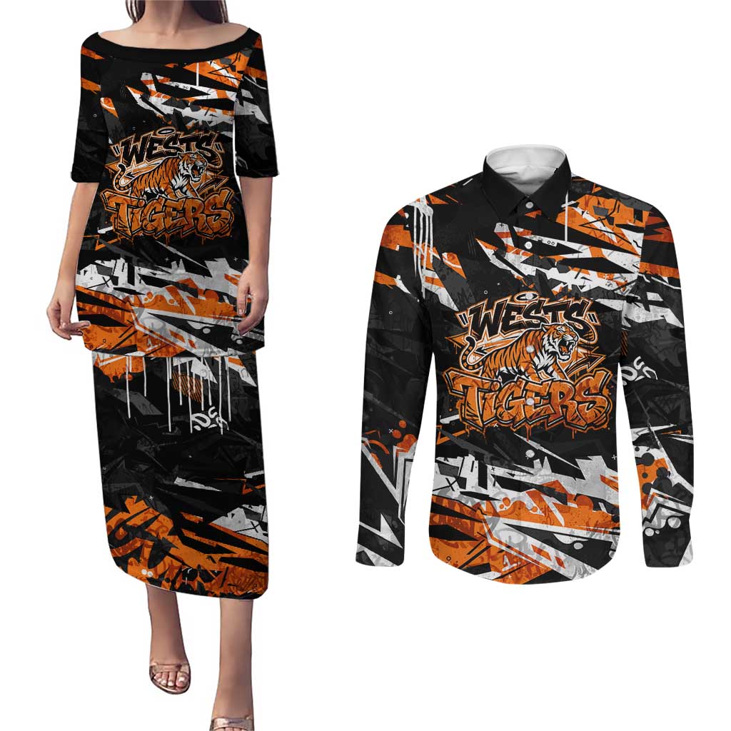 Personalized Wests Tigers Couples Matching Puletasi and Long Sleeve Button Shirt Graffiti Grunge Abstract Urban Street Style Design