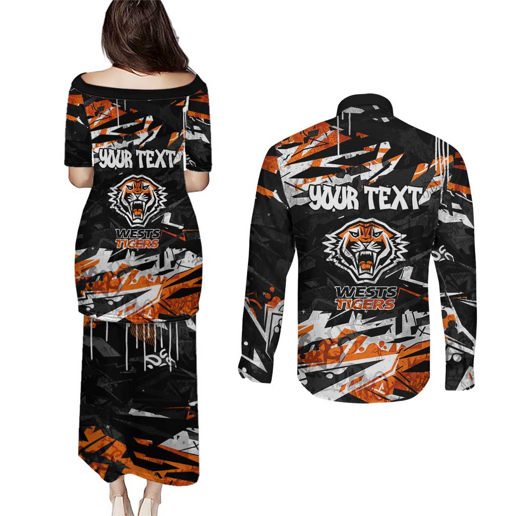 Personalized Wests Tigers Couples Matching Puletasi and Long Sleeve Button Shirt Graffiti Grunge Abstract Urban Street Style Design