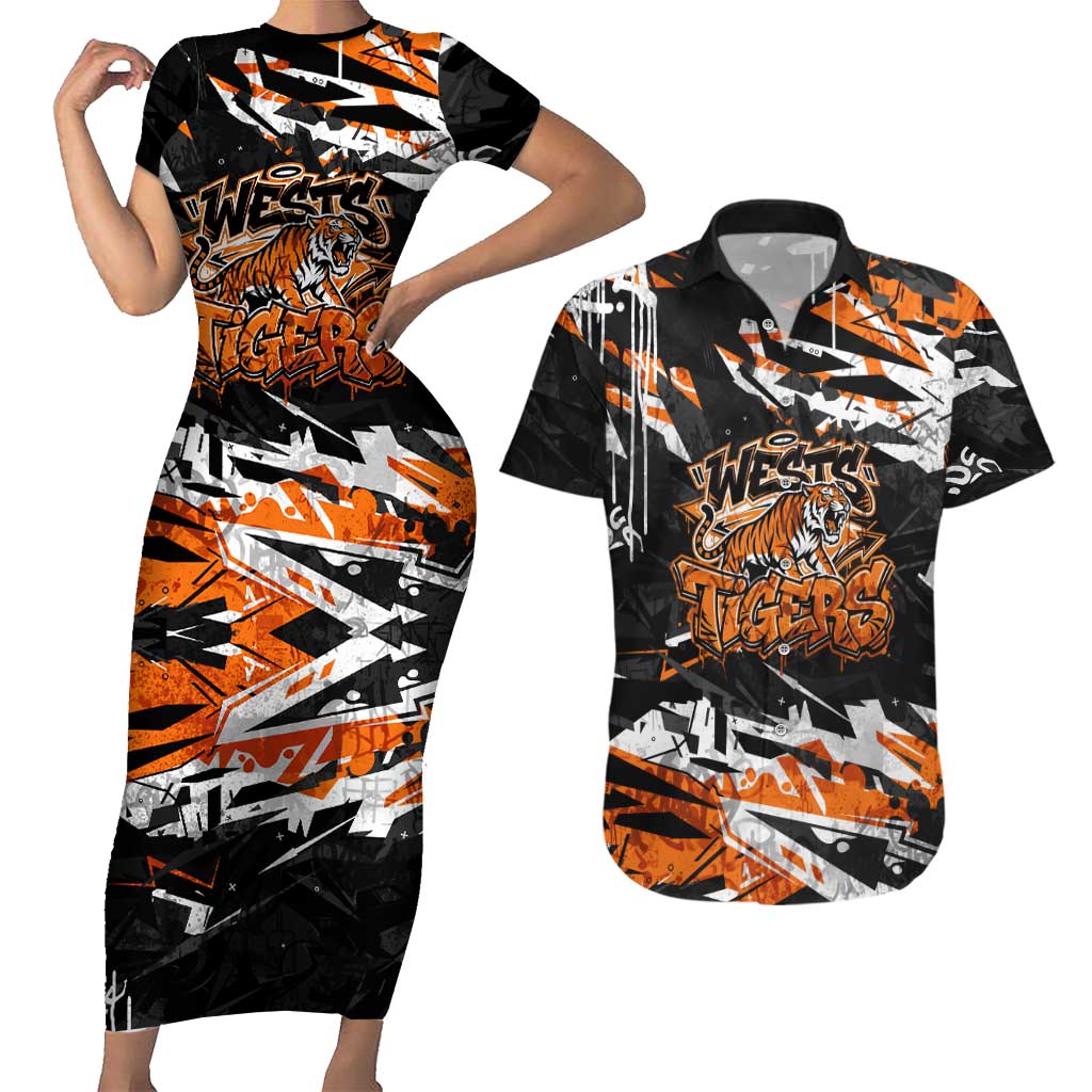 Personalized Wests Tigers Couples Matching Short Sleeve Bodycon Dress and Hawaiian Shirt Graffiti Grunge Abstract Urban Street Style Design