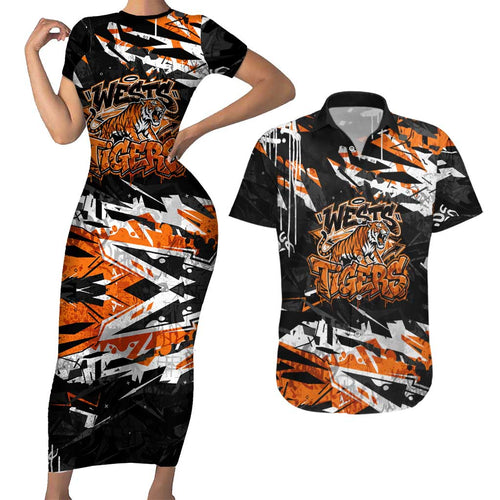 Personalized Wests Tigers Couples Matching Short Sleeve Bodycon Dress and Hawaiian Shirt Graffiti Grunge Abstract Urban Street Style Design