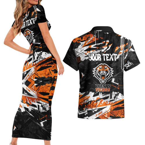 Personalized Wests Tigers Couples Matching Short Sleeve Bodycon Dress and Hawaiian Shirt Graffiti Grunge Abstract Urban Street Style Design