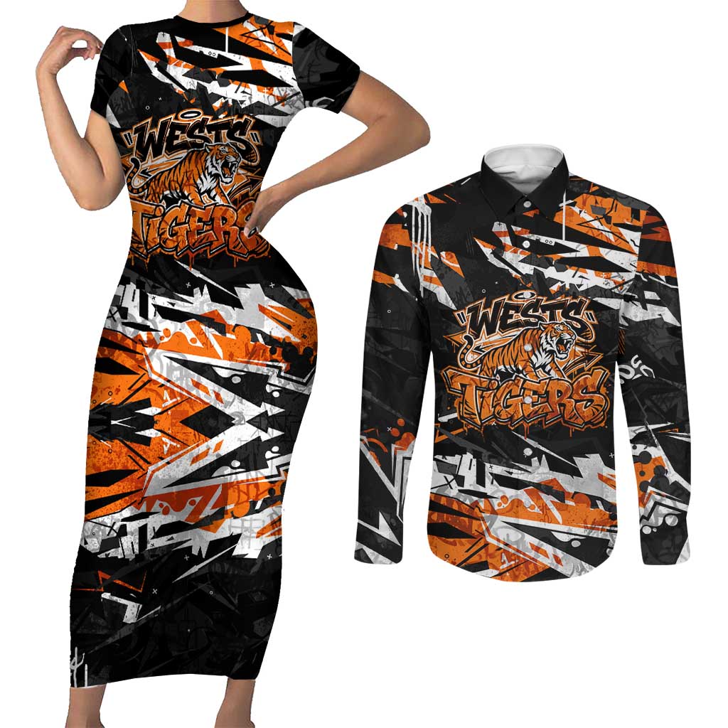 Personalized Wests Tigers Couples Matching Short Sleeve Bodycon Dress and Long Sleeve Button Shirt Graffiti Grunge Abstract Urban Street Style Design