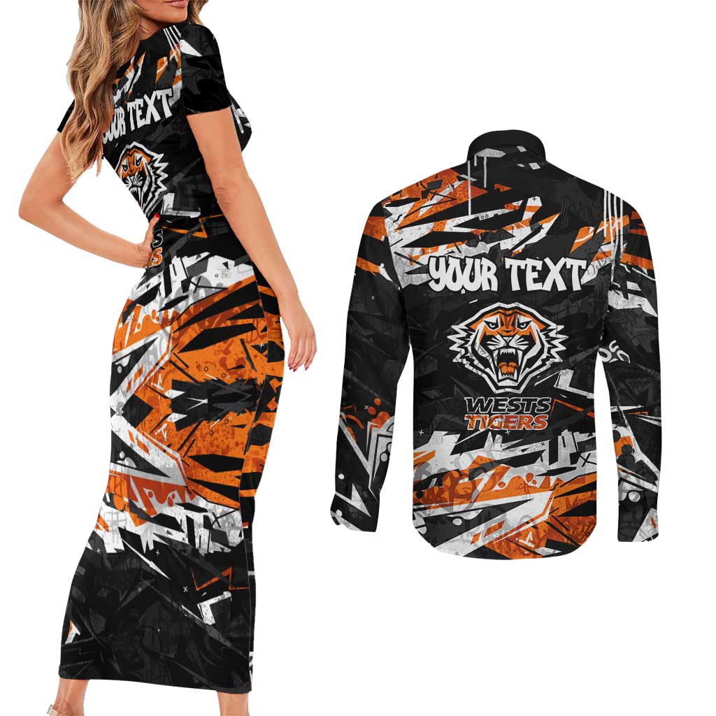 Personalized Wests Tigers Couples Matching Short Sleeve Bodycon Dress and Long Sleeve Button Shirt Graffiti Grunge Abstract Urban Street Style Design