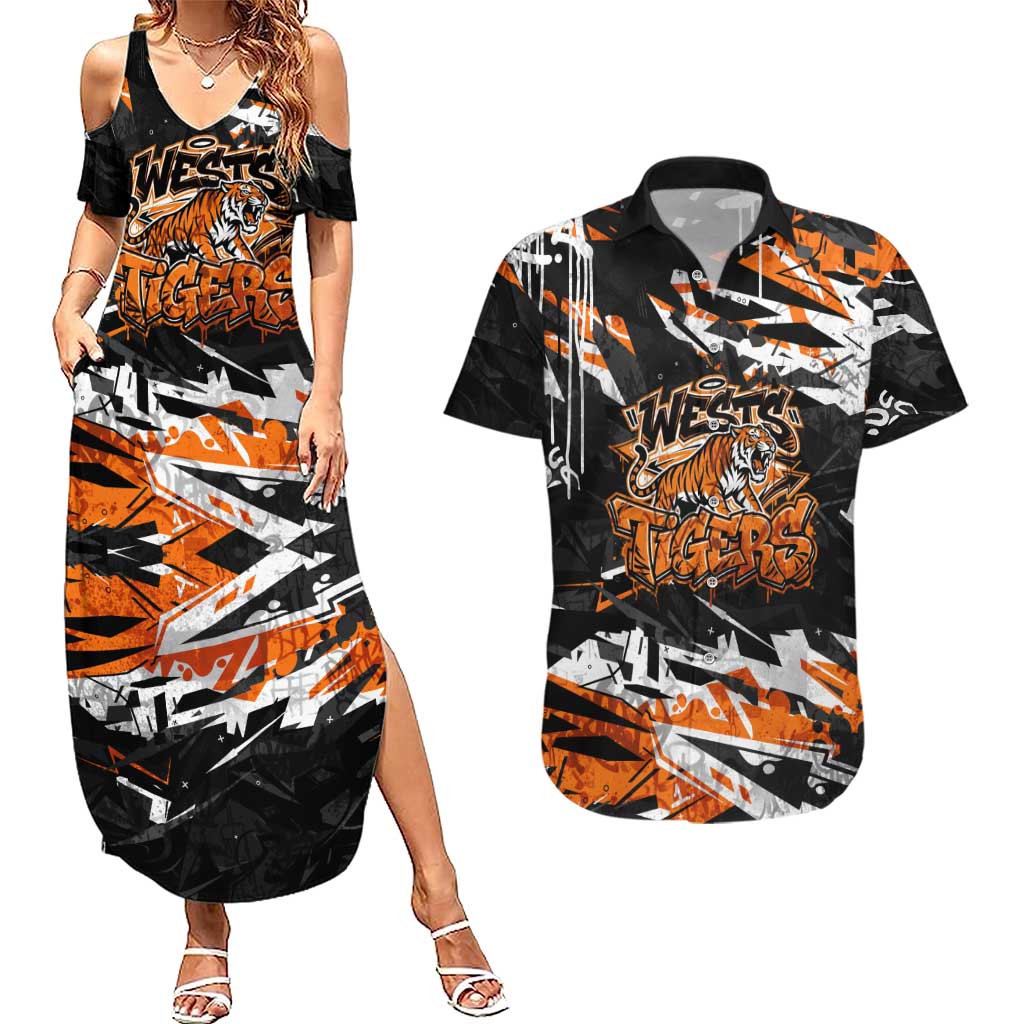 Personalized Wests Tigers Couples Matching Summer Maxi Dress and Hawaiian Shirt Graffiti Grunge Abstract Urban Street Style Design