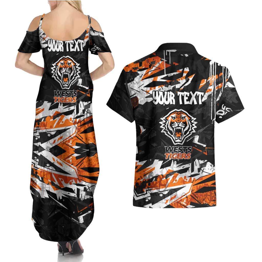 Personalized Wests Tigers Couples Matching Summer Maxi Dress and Hawaiian Shirt Graffiti Grunge Abstract Urban Street Style Design